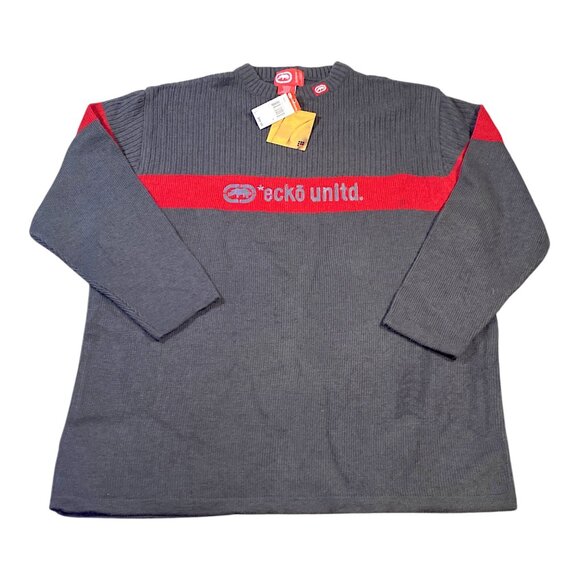 Ecko Sweater Mens XL Gray Red Stripe Rhino Logo Boxy Pullover Skater Y2K Vintage - Picture 1 of 15